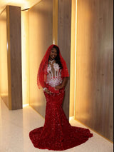 Charming Burgundy Sleeveless Sequin Wedding Dresses Mermaid Sheath With Gem