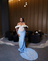 Classic Sky Blue White Off-The-Shoulder Mermaid Wedding Dresses Sheath Long With Gem