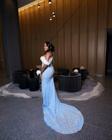 Classic Sky Blue White Off-The-Shoulder Mermaid Wedding Dresses Sheath Long With Gem