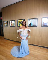 Classic Sky Blue White Off-The-Shoulder Mermaid Wedding Dresses Sheath Long With Gem