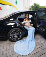 Classic Sky Blue White Off-The-Shoulder Mermaid Wedding Dresses Sheath Long With Gem