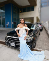 Classic Sky Blue White Off-The-Shoulder Mermaid Wedding Dresses Sheath Long With Gem