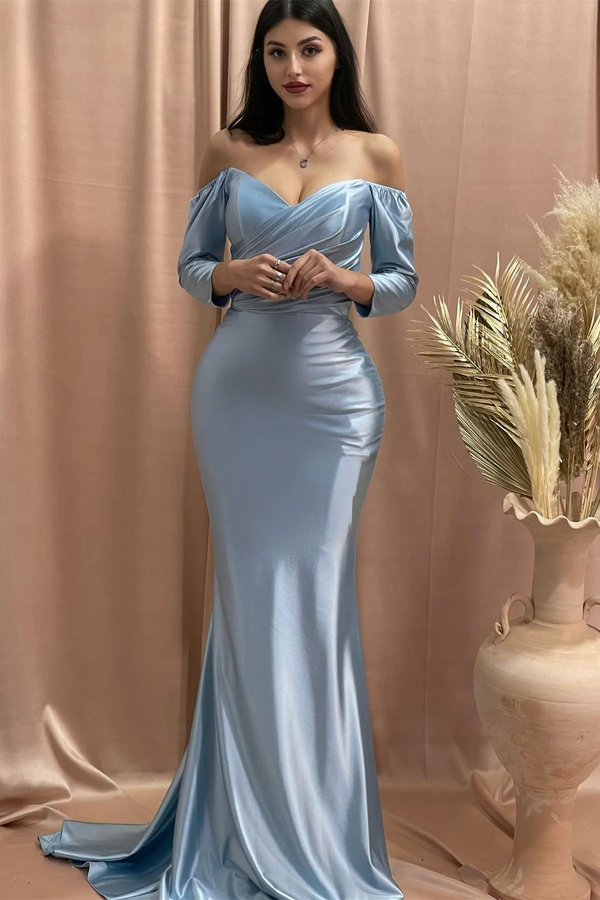 Exquisite Dusty Blue V-Neck Long Sleeves Satin Evening Dresses Mermaid Sheath With Pleats