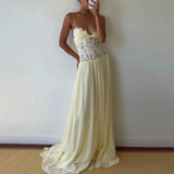 Chic Daffodil Halter Sweetheart Sleeveless Chiffon Evening Dresses Floor Length With Lace-Up Back