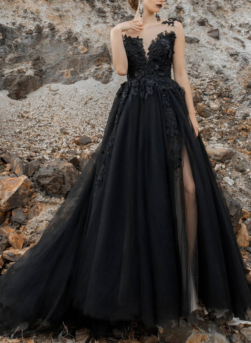 3D Floral Black Ball-Gown Wedding Dresses-Dbrbridal