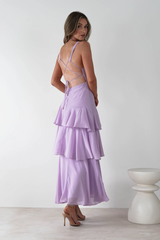 Luxurious Lilac V-Neck Spaghetti-Straps Sleeveless Evening Dresses Backless With Pleats
