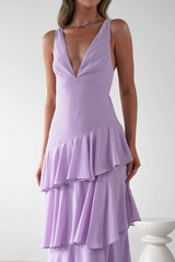 Luxurious Lilac V-Neck Spaghetti-Straps Sleeveless Evening Dresses Backless With Pleats