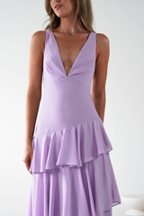 Luxurious Lilac V-Neck Spaghetti-Straps Sleeveless Evening Dresses Backless With Pleats