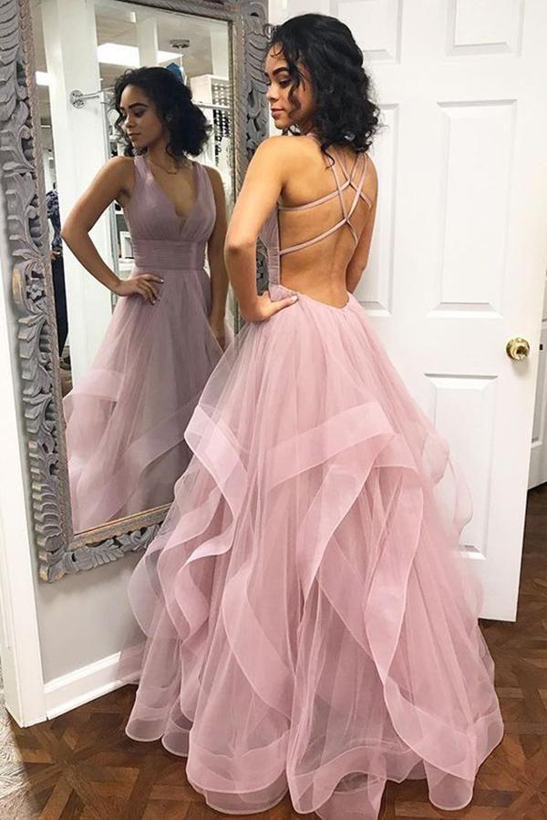 A-Line Chic Pink Halter Ruffle Sleeveless Prom Dresses