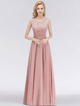 A Line Jewel Neck Floor Length Zipper Lace Bridesmaid Dress