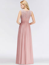 A Line Jewel Neck Floor Length Zipper Lace Bridesmaid Dress