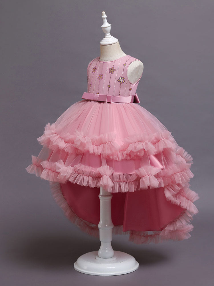 A-Line Jewel Neck Sleeveless Red Bows Polyester Sequined Tulle Polyester Cotton Kids Social Party Dresses Princess Dress