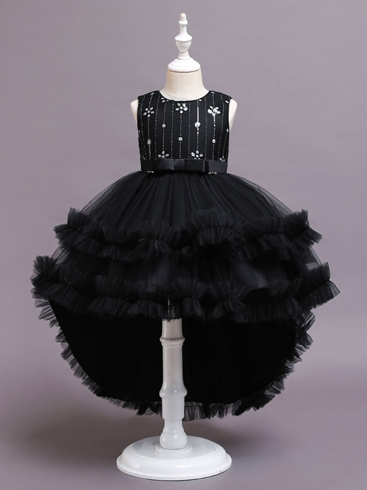 A-Line Jewel Neck Sleeveless Red Bows Polyester Sequined Tulle Polyester Cotton Kids Social Party Dresses Princess Dress