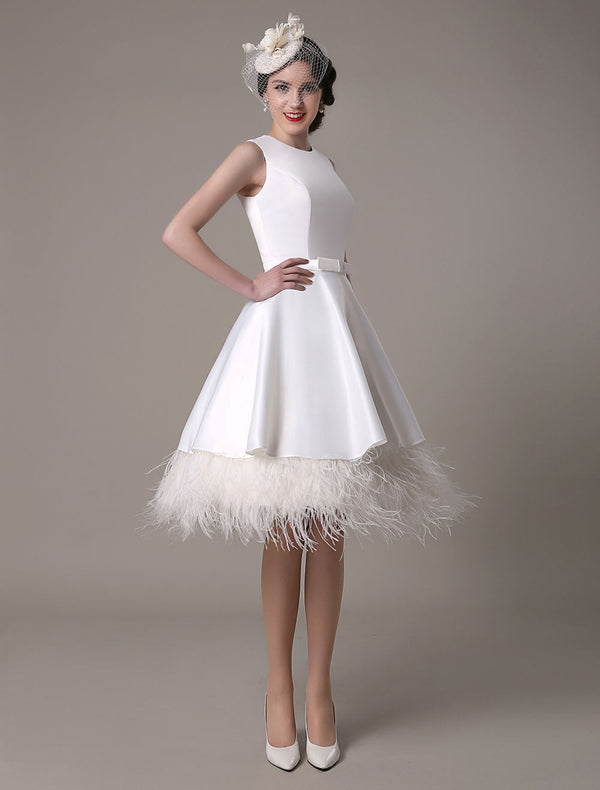 A-Line Wedding Dress Knee-Length Feather Tiered Satin Bow Bridal Dress Exclusive