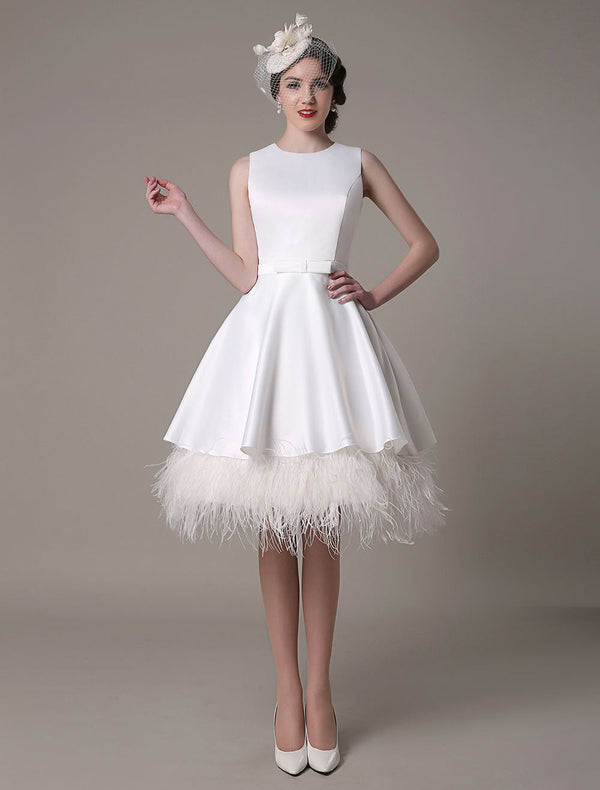 A-Line Wedding Dress Knee-Length Feather Tiered Satin Bow Bridal Dress Exclusive