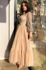 A-line Jewel Ankle Length Multiple Layers Long Sleeve Sequins Prom Dresses