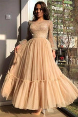 A-line Jewel Ankle Length Multiple Layers Long Sleeve Sequins Prom Dresses