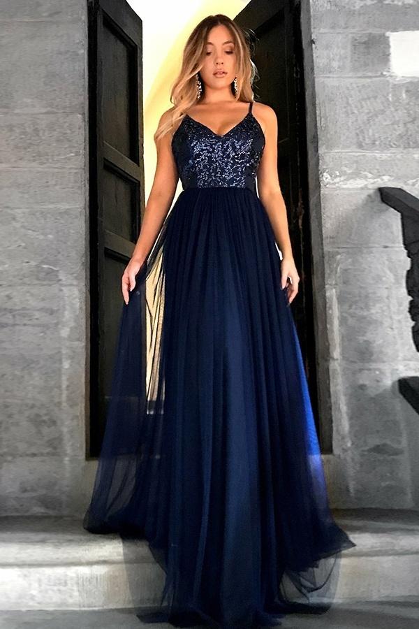 A-line Sequins Top V-Neck Spaghetti Tulle Navy Prom Dresses
