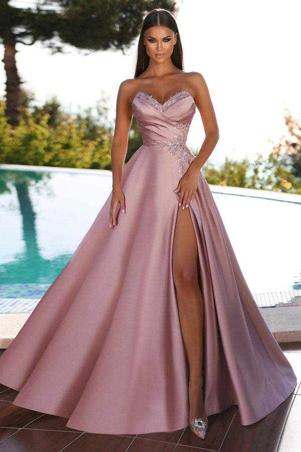 A-line Strapless Sweetheart Sequins Sleeveless Long Applique High Split Prom Dresses