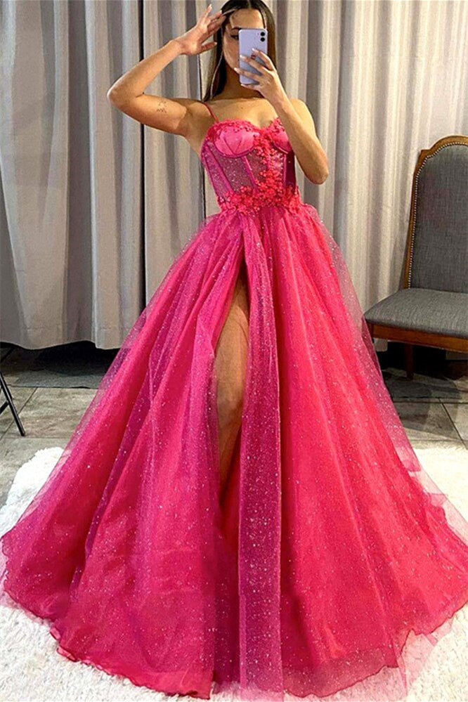 A-line Sweetheart Spaghetti strap Sequins Appliques Lace Sleeveless Long Prom Dresses