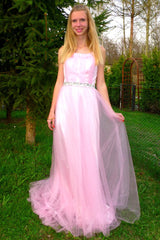 A-line Wide Strap Floor Length Chrmuse Tulle Rhinestone Prom Dress