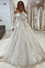 Stunning Off-the-Shoulder Long Sleeves Wedding Dress Tulle With Lace Appliques