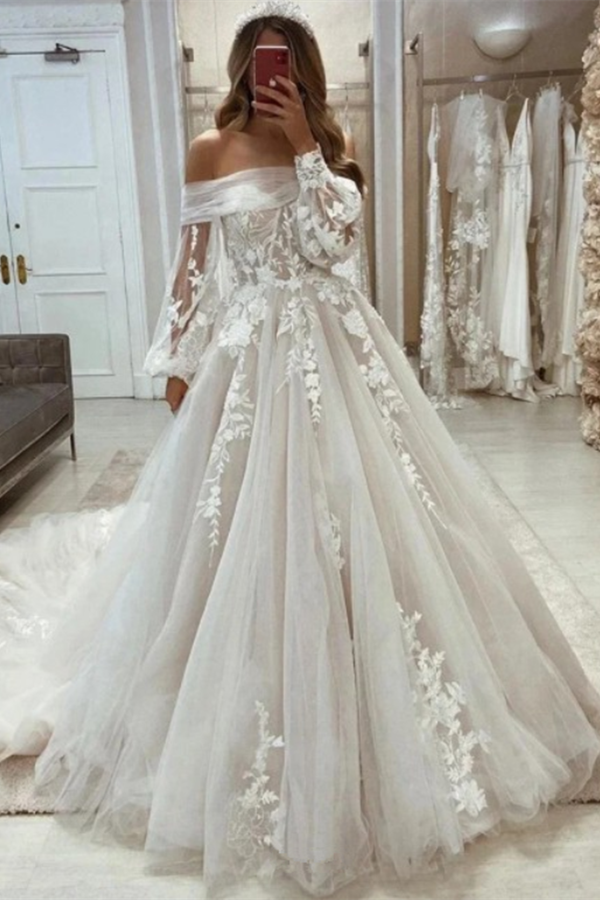 Stunning Off-the-Shoulder Long Sleeves Wedding Dress Tulle With Lace Appliques