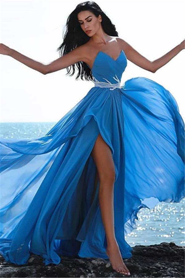 Affordable Blue Sweetheart Evening Dresses Crystals Split Formal Dresses