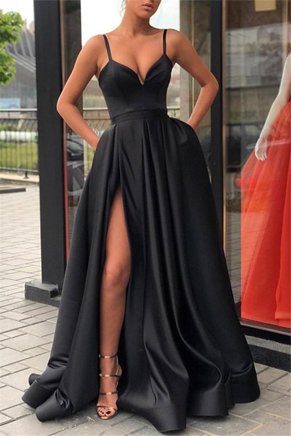 Alluring Black Spaghetti-Straps Split Prom Dresses Sleeveless Evening Dresses with Pocket