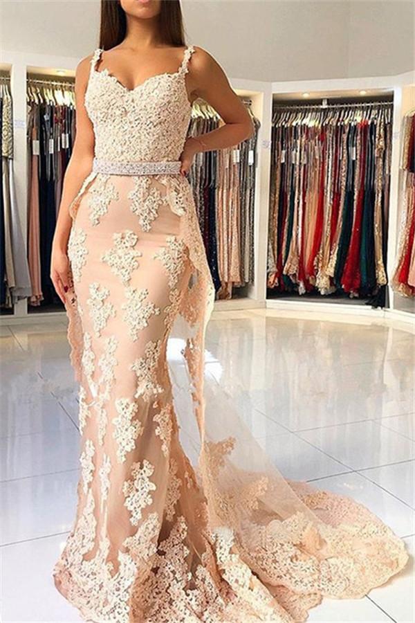 Alluring Chic Lace Spaghetti-Straps Chic Mermaid Prom Dresses Sleeveless Evening Dresses with Over-skirt