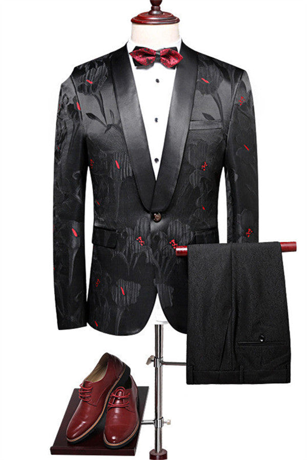 Amazing Black Men's Prom Suits Online Jacquard Peak Lapel Tuxedo with 2 Pieces