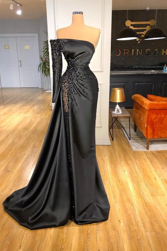 Amazing Black One Shoulder Prom Dress Beadings Ball Dresses Long Sleeve