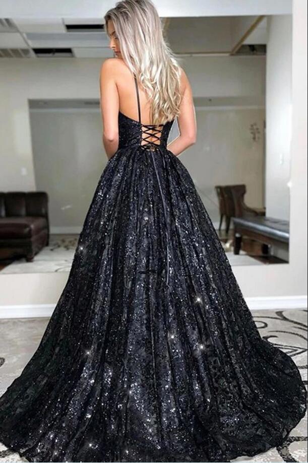 Amazing Black Sequins Long Evening Prom Dress Spaghetti-Straps