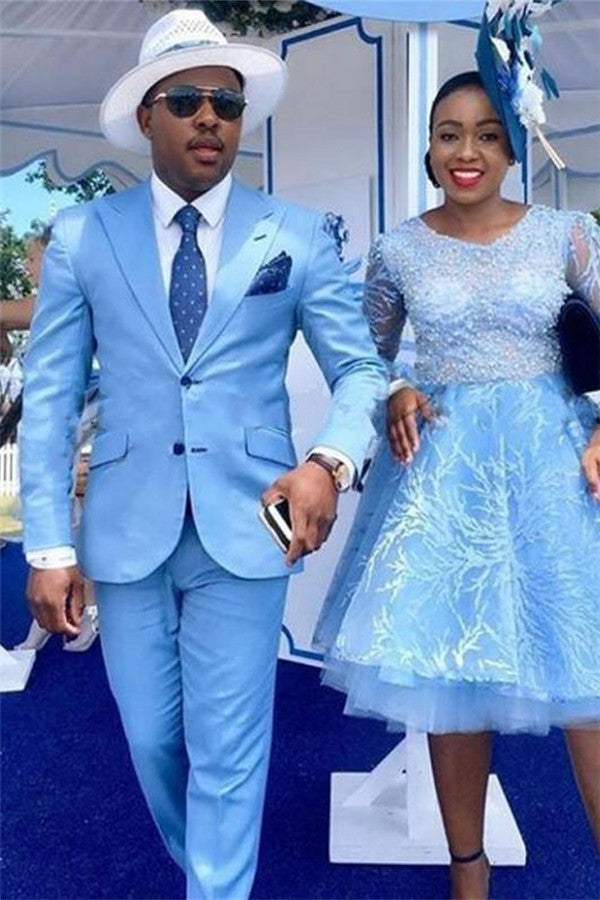Amazing Blue Peaked Lapel Two-Piece Mens Prom Suits
