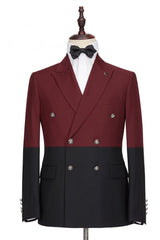 Amazing Burgundy and Black Double Breasted Peaked Lapel Men Suits for Prom