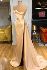 Amazing Champagne Long Prom Dress With Split On Sale Strapless