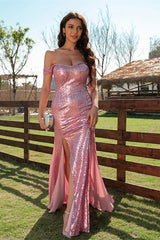 Amazing Dusty Pink Off-the-shoulder Mermaid Evening Dress With Slit Sequins