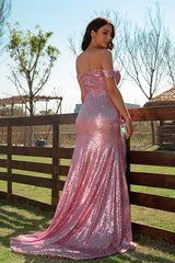 Amazing Dusty Pink Off-the-shoulder Mermaid Evening Dress With Slit Sequins