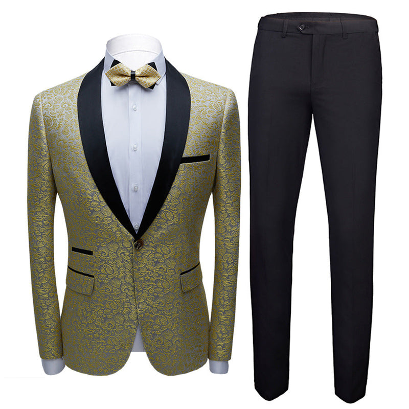 Amazing Gold Jacquard Slim Fit Men's Prom Suits with Black Shawl Lapel ...