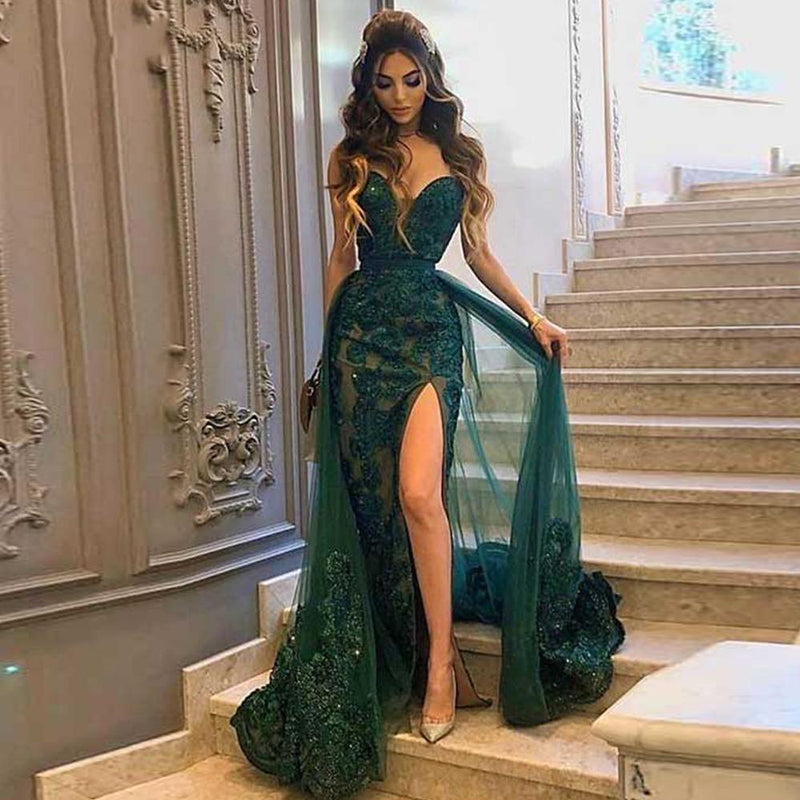 Amazing Green Prom Dress Long Ball Dresses With Overskirt Sweetheart