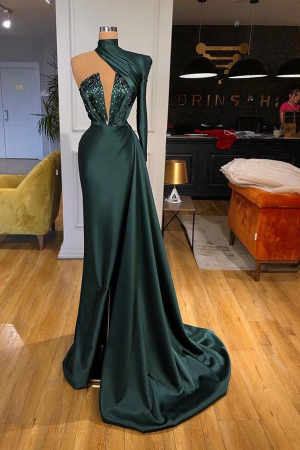Amazing High Neck Long Sleeve Mermaid Ball Dresses With Crystals One Shoulder