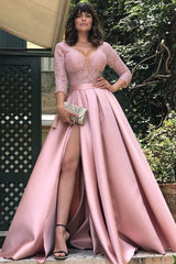 Amazing Lace Prom Dress Long Split On Sale 3/4 Sleeves