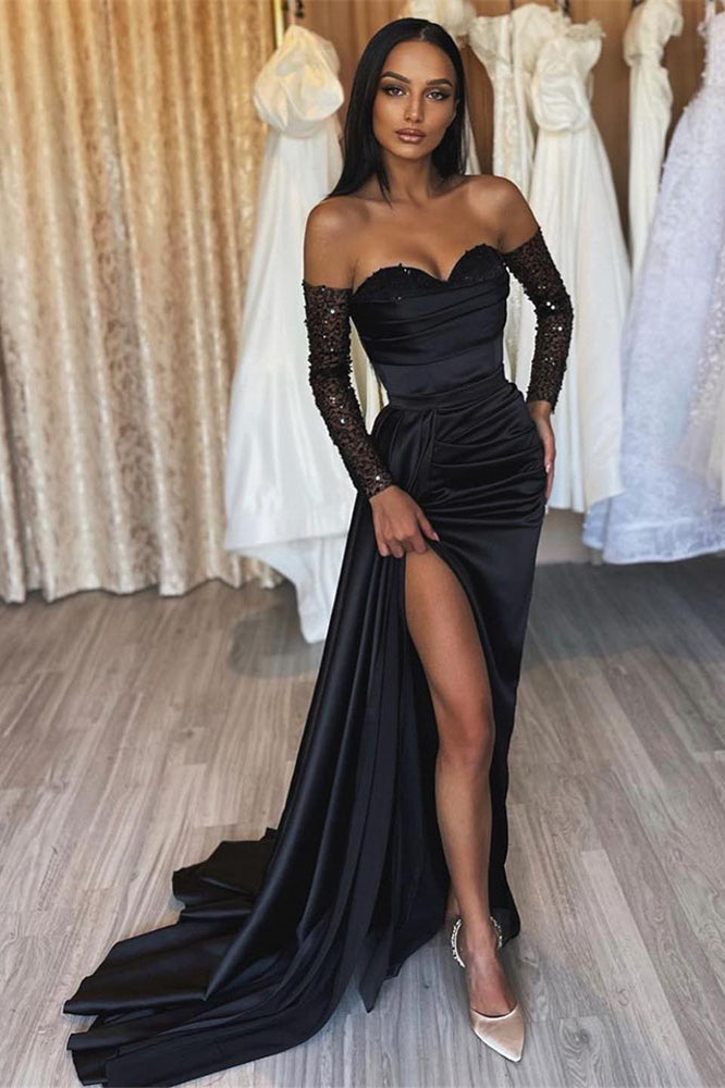 Amazing Long Black Mermaid Front Split Long Sequins Evening Party Gowns
