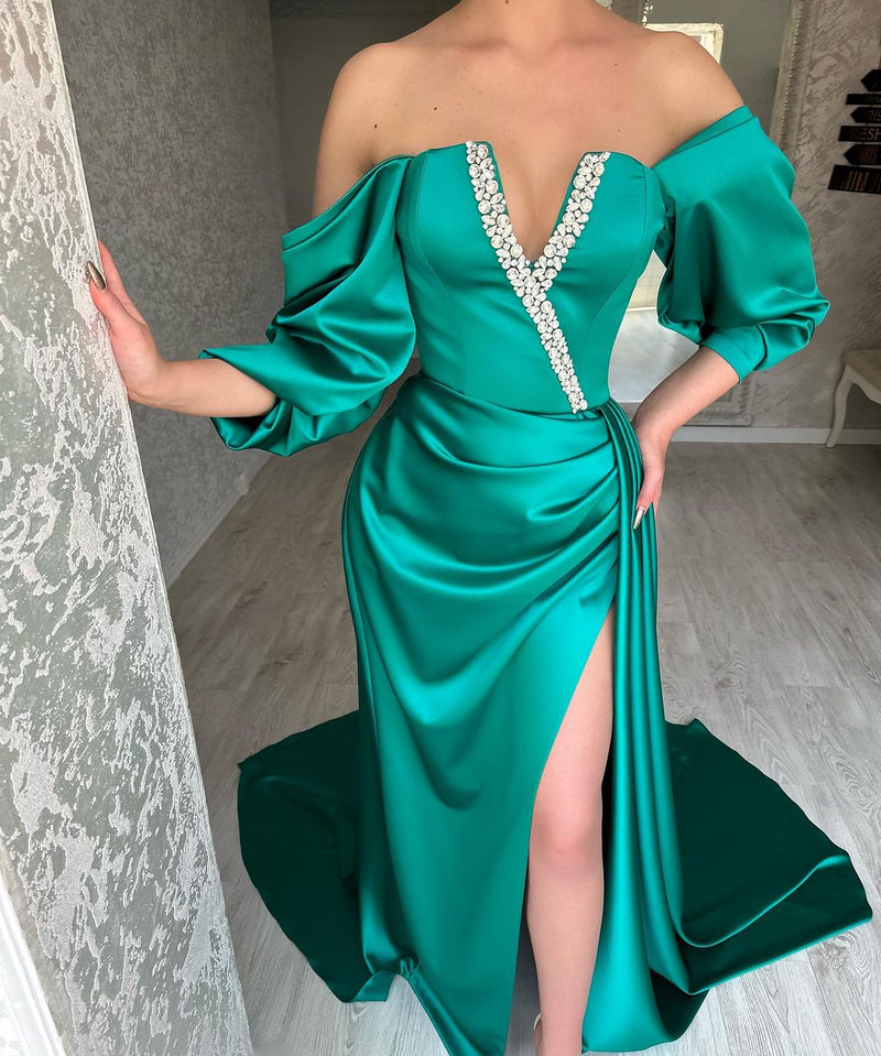 Amazing Long Green Off-the-Shoulder Evening Party Gowns Long Slit Online