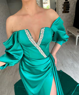 Amazing Long Green Off-the-Shoulder Evening Party Gowns Long Slit Online