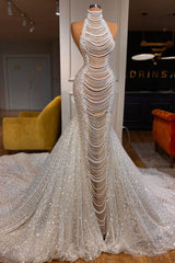 Amazing Long Mermaid Halter Beading Sleeveless Bridal Gown With Pearls