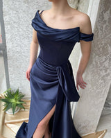 Amazing Long Navy Off-the-Shoulder Mermaid Evening Party Gowns Long Slit Online