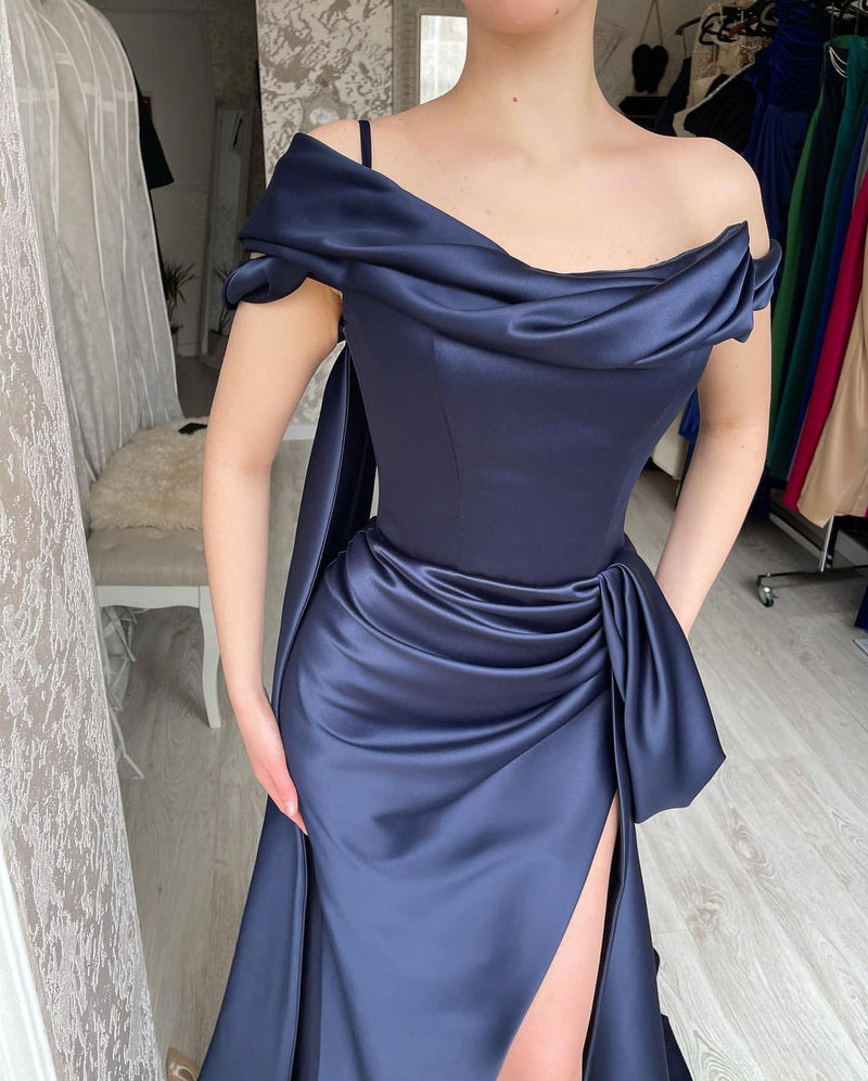 Amazing Long Navy Off-the-Shoulder Mermaid Evening Party Gowns Long Slit Online