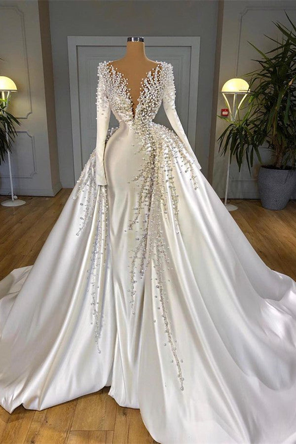 Amazing Long Sleeve Pearls Wedding Dress V-Neck With Detachable Train On Sale
