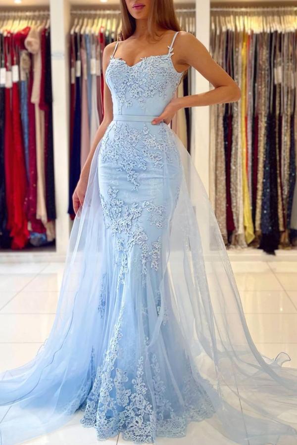 Amazing Mermaid Evening Dress With Lace Appliques Ruffles Spaghetti-Straps